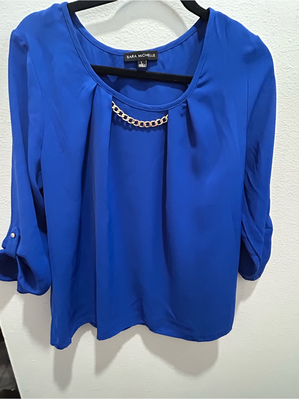 Sara Michelle Cobalt Blue Chiffon Blouse with Gold Chain Detail